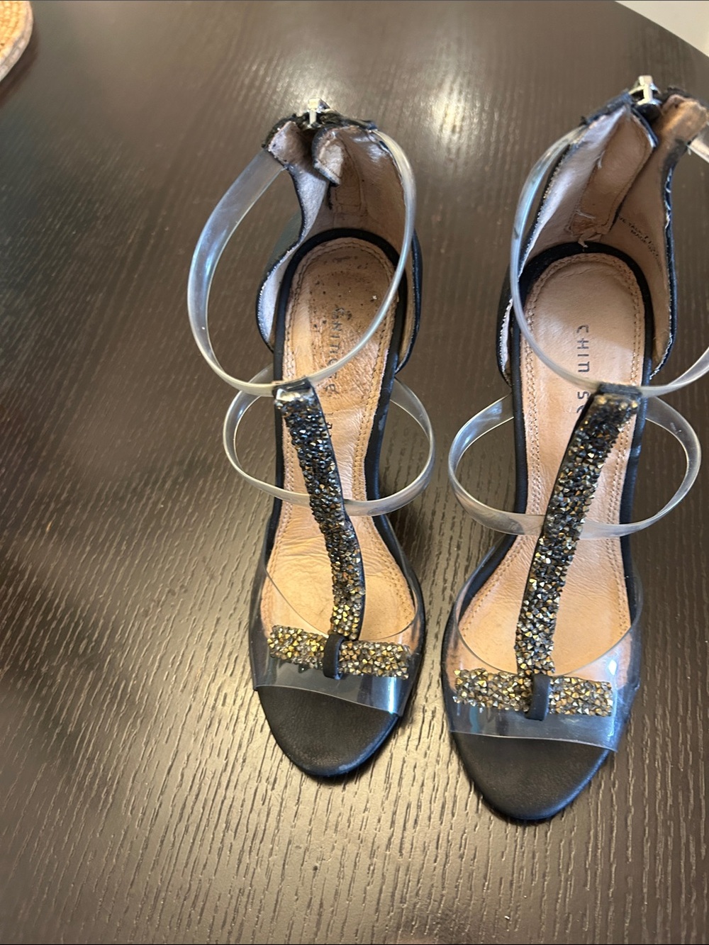 Chinese Laundry Black T-Strap Glitter Ankle-Strap Heels